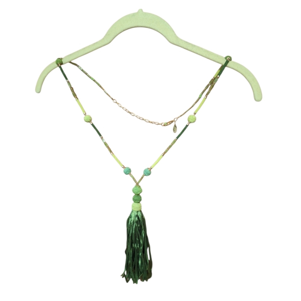 Chico's Long GREEN Statement Necklace Tasseled Lightweight Colorful Bohemian